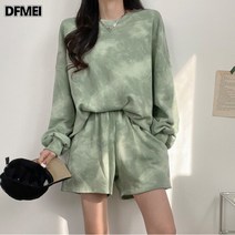 DFMEI 순면 세트 여성 맨투맨 긴팔 반바지 봄가을 얇은 여름 스포츠 캐주얼 루즈핏 투피스