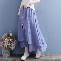 자칠 천연염색 린넨 레이어드 패션 주름 롱스커트 밴딩와이드 언발 긴치마