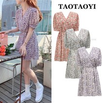 꽃무늬원피스 프랑스타입 소녀 빈티지 V넥잔꽃 첫사랑스커트 여름 뉴타입 유럽풍 허리밴딩 날씬해보이는 시폰 A라인원피스