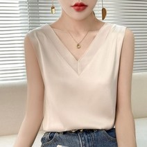 새틴 봄 블라우스 HONGHANYUAN 여성용 여름 실크 V 넥 오피스 블랙 화이트 여성 Sleeveles 튜닉 셔츠 슬링 조끼 탑스