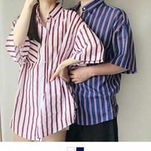 커플 스트라이프 오버핏 반팔셔츠