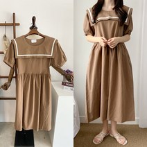 수니베 린넨 스퀘어 세라 카라 빅사이즈 롱 원피스 여름 반팔 루즈핏 임산부