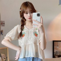 펀칭블라우스 아일렛 레이스 자수 벌룬 여자 브라우스 예쁜 빅사이즈 반팔 셔링 쉬폰 빅카라 셔츠