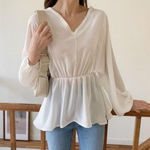 마롱패션 쉬폰 플라우스 허리밴딩 넥 브이넥 쉬폰플라우스 허 블라우스