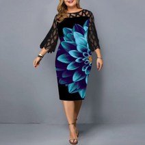 키코이 캉가 Plus Size Dresses for Women Summer Elegant Floral Printed Evening Party Dress Mesh Sleeve Cas, [01] L, [03] 파란