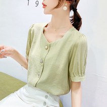 K.ONLIE SHOP여성 정장 쉬폰 블라우스 반팔 노카라 셔츠 탑 HAA180 정장 여성오피스룩 여성정장세트