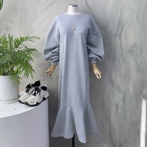 행복여[신상무배]귀여운 밑단 프릴 루즈핏 롱 기모 원피스