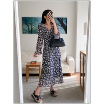 여성 퍼프소매 셔링 롱 허리끈 플라워 원피스 (3color)