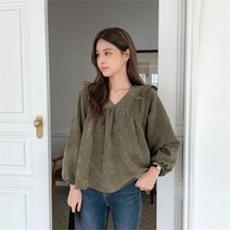 셀러허브(잡화) 여자 프릴 브이넥 퍼프 하객룩 골덴 블라우스