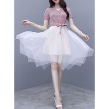 원피스 레드 반팔 망사 원피스 여름 여성 블랙 날씬해 보이는 언밸런스 쉬폰 원피스