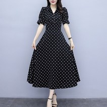 HQINT 블로 도트 쓰리단추 롱원피스 원피스 여름 반팔원피스 빅사이즈여성