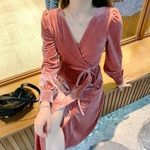 원더우먼 이하늬 원피스 긴팔 랩 스커트 가을 레트로 벨벳 레이스 업 스트레치