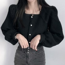 줄리엔느 퍼프 소매 진주 버튼 트위드 스타일 셔츠블라우스