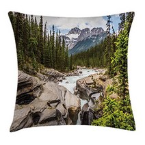 Ambesonne Landscape Throw Pillow Cushion Cover River Float Between Rocks in Forest Northern Recreat, 1