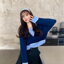 숲 여성 계 브이넥 니트 긴 소매 정 어깨 티셔츠 초 가을 와이드 루즈핏 홀로 유별나 치 숏 상의 디자인감각 보이핏 볼륨