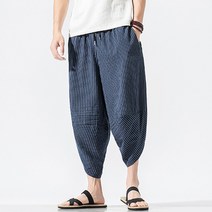 장바9니 스트라이프 와이드 린넨 7부바지 남성 칠부밴딩팬츠
