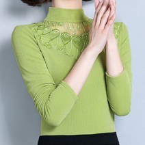 AFEDIAE 여성 하이넥 봄 가을 레이스 탑 블라우스 셔츠