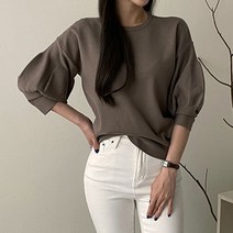 [바보사랑] 여자 주름 퍼프 7부 소매 라운드 무지 티셔츠