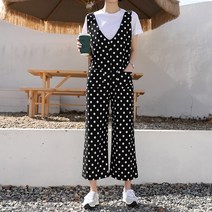 마이너스2인치 여성 블랙컬러 러블리 도트 와이드 점프슈트