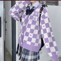 y2k 니트 여성 가디건 스웨터 카드 귀여운 만화 자수 일본 jk 유니폼 바둑판 봄과