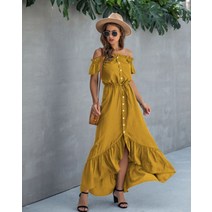 여름 오프숄더 셔링 버튼 바캉스 여행 롱 드레스 하객룩 원피스