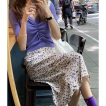 플라워 퍼플 잔 꽃무늬 봄 여름 가을 보라 A라인 플리츠 치마 롱 스커트