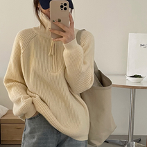 편안한 여자 꽈배기 집업 니트티 루즈핏 골지 아이보리