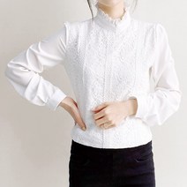와이제이 레이스 스탠딩 카라 화이트 긴팔블라우스 YJK228