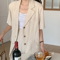 네쥬 여성 여름 린넨 루즈핏 카라 벨트 반팔 자켓