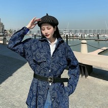 여자 롱 청 데님 남방 셔츠 프린트 원피스 롱티셔츠 여성 2021 이른 봄 한국 캐주얼 느슨한 복고풍 자카드 토템 올 매치 데님 안감