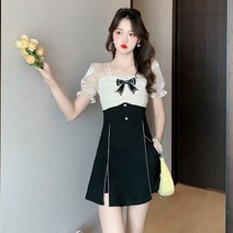 여름 날씬해 보이는 패치워크리본 원피스 반바지 세트 투피스