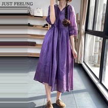 JUST FEEL!NG 여성 V넥 면마 반팔 원피스 박시한 무지 여름 원피스 느슨한 빅사이즈 여름 원피스