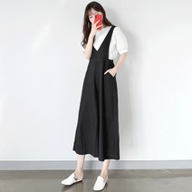 빼빼 여성용 블랙 린넨 점프슈트 캐쥬얼 심플 브이넥 멜빵 팬츠