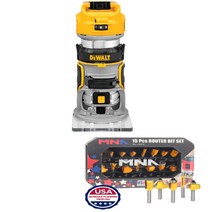 디월트 20v MAX XR 무선 목공 트리머 라우터 루터 비트 세트, 본체+비트 15개