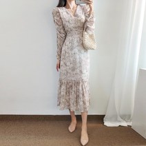 요시아나 [당일발송] 청순가련 페디샤 플라워 쉬폰 셔링소매 롱 원피스 -2컬러