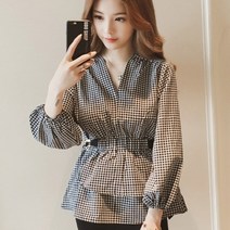 요모조모 2295 허리 셔링 체크 블라우스