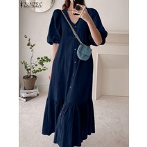 청데님원피스브이넥원피스멜빵데님 빈티지 데님 블루 여성 셔츠 프릴 드레스 ZANZEA 여름 패션 반팔 맥시 로브 오버사이즈 캐주얼 V 넥 A 라인 Sundress