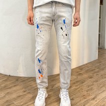 빈티지 페인팅 스판 데님 슬림 일자핏 그레이진 연청 데님 청바지