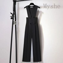 [Myshe]여성용 봄 여름 패션 슬림핏 정장 멜빵 팬츠 와이드 팬츠 juan403DA2