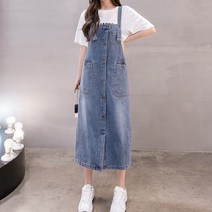 여성용 빅사이즈 조절가능 멜빵 데님 롱 원피스 S~5XL