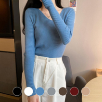 브이와이 VY 여자 골지니트 V넥 딱붙는 슬림핏 긴팔티