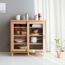 마켓비 SHOLID 2문 슬라이딩 원목 수납장 / 빈티지 주방 그릇장 우드쇼케이스, 미들브라운