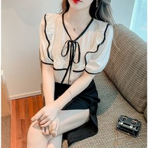 여자여자몰 배색라인 리본프릴블라우스 진주단추 코튼여름블라우스 단정 심플