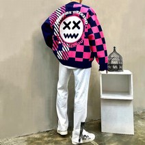 맨스토리 / 박스 언발 사선 체크 스마일 배색 남자 봄 가디건