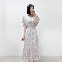 쥬시 플라워 퍼프소매 쉬폰 허리끈 프릴 롱원피스