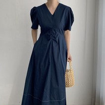 먼데이홀릭 브이넥 퍼프소매 가슴셔링 A라인 롱 원피스