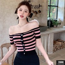 가바바 여성 오프숄더 스트라이프 원 숄더 반팔티셔츠 G68821