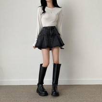 슬로우베리 A라인 플리츠 카고 데님 미니 스커트