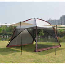 바퀴달린집 모기장 쉘터 텐트 리빙쉘 돔텐트 타프, 직경 3.3m, 카키-텐트+차단막 4개 세트