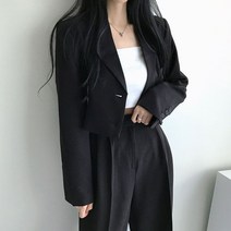 여성 여자 심플 투버튼 긴팔 숏 재킷 + 하이 웨이스트 와이드 레그 슈트 팬츠 정장세트